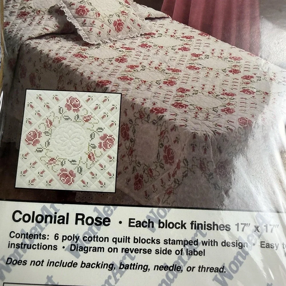 WonderArt Colonial Rose Quilt Block Kit 6 Stamped 17x17 Blocks USA Craft OPEN